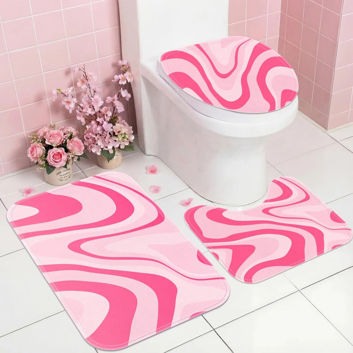 Girly Pink 4-Piece Thick Flannel Waterproof Bathroom Set - Anti-Slip Rugs, U-Shaped Bath Mat, Toilet Lid Cover, Resistant Material, Multi-Room Home Bathroom Supplies, Sohochic, Four-Pieces