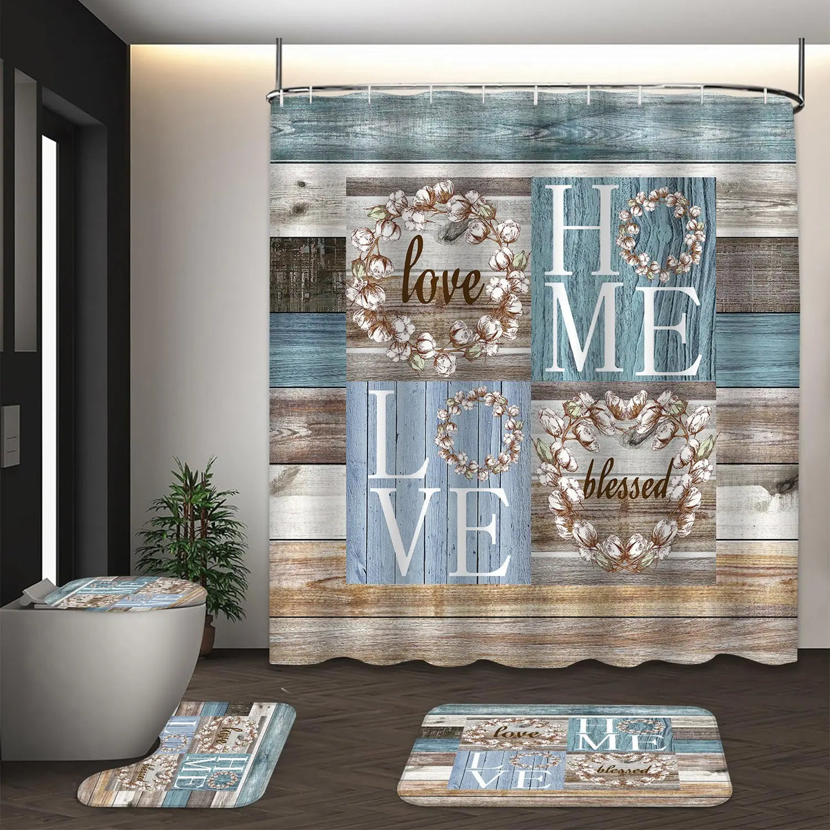 Plaid & Letter Pattern 4pcs Non-slip Bathroom Decoration Set, Including Bath Curtain, Toilet Lid Mat & Bath Mat, Bathroom Supplies, Home Goods, Bathroom Decoration Accessories, Bathroom Decor And Accessories