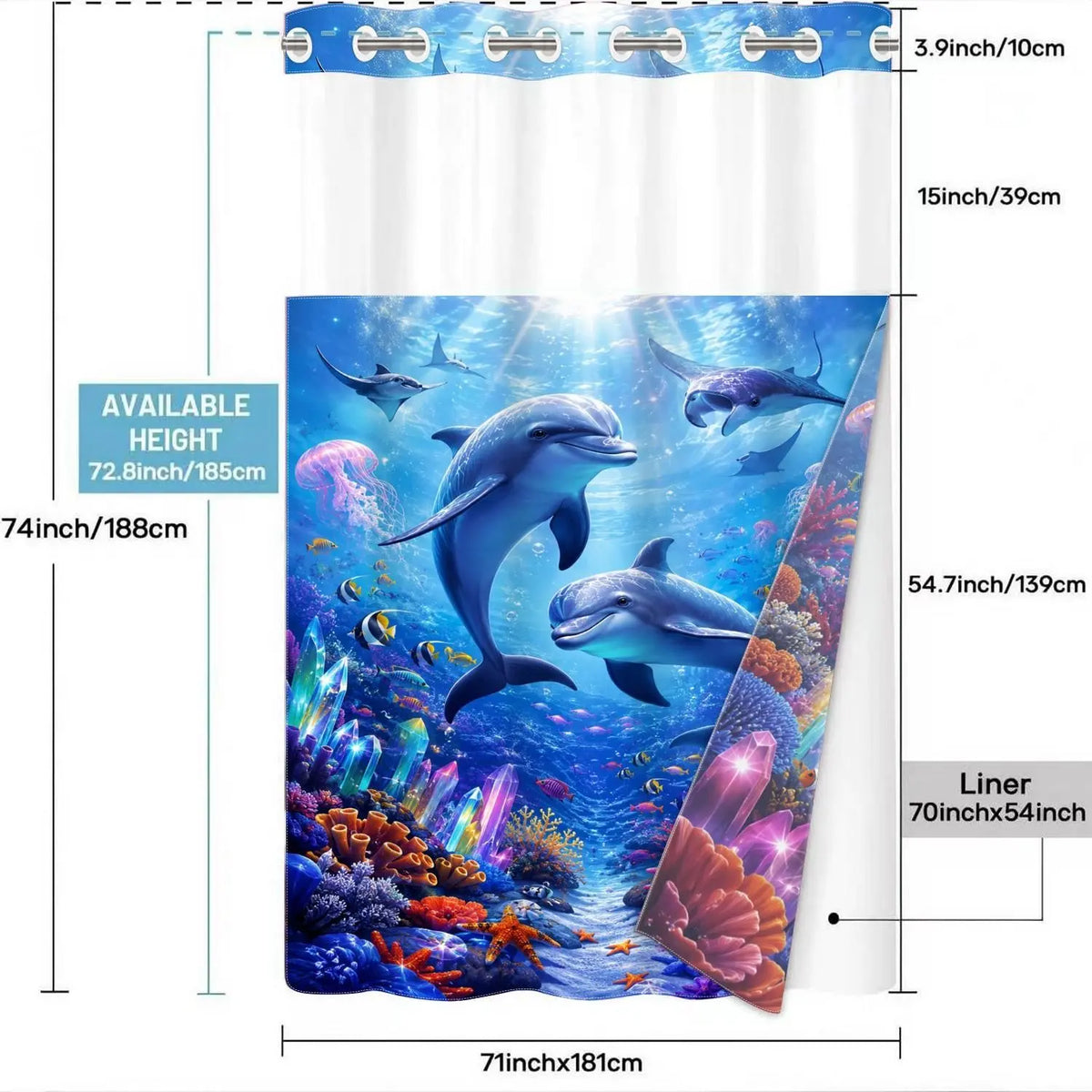 1 Pc Hookless Double Layer Shower Curtain, No Hook Shower Curtain, Underwater World Dolphin Print, Machine Washable Waterproof Mildew Resistant Fabric, Ocean Vibe Home Bathroom Decor, Removable Snap-in Liner, Bathroom Divider - 71"×74