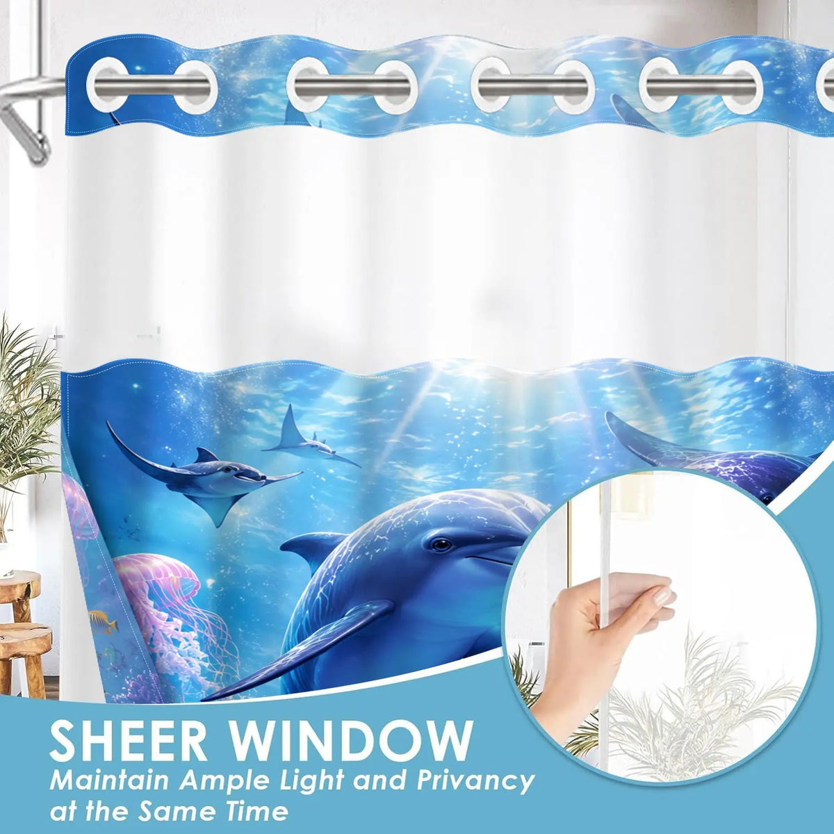 1 Pc Hookless Double Layer Shower Curtain, No Hook Shower Curtain, Underwater World Dolphin Print, Machine Washable Waterproof Mildew Resistant Fabric, Ocean Vibe Home Bathroom Decor, Removable Snap-in Liner, Bathroom Divider - 71"×74