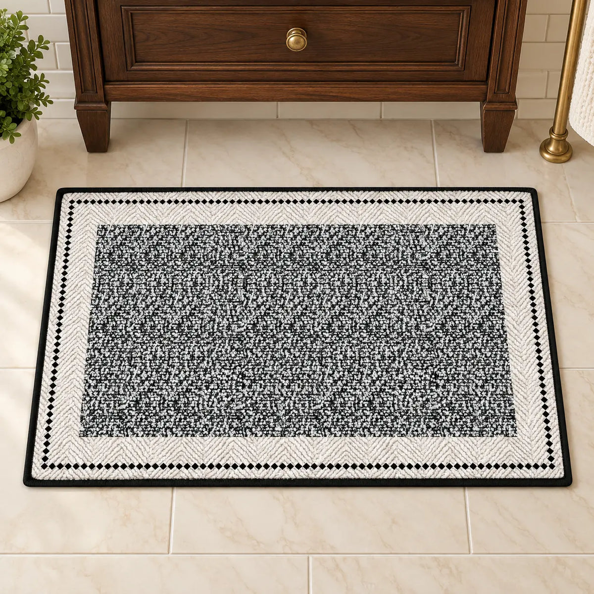 Black and White Abstract Diatomaceous Earth Bath Mat, Super Absorbent Quick Dry Non Slip Bathroom Rug, Stay-Put Floor Mat for Shower, Kitchen, Bedroom Doorway & Front Entryway