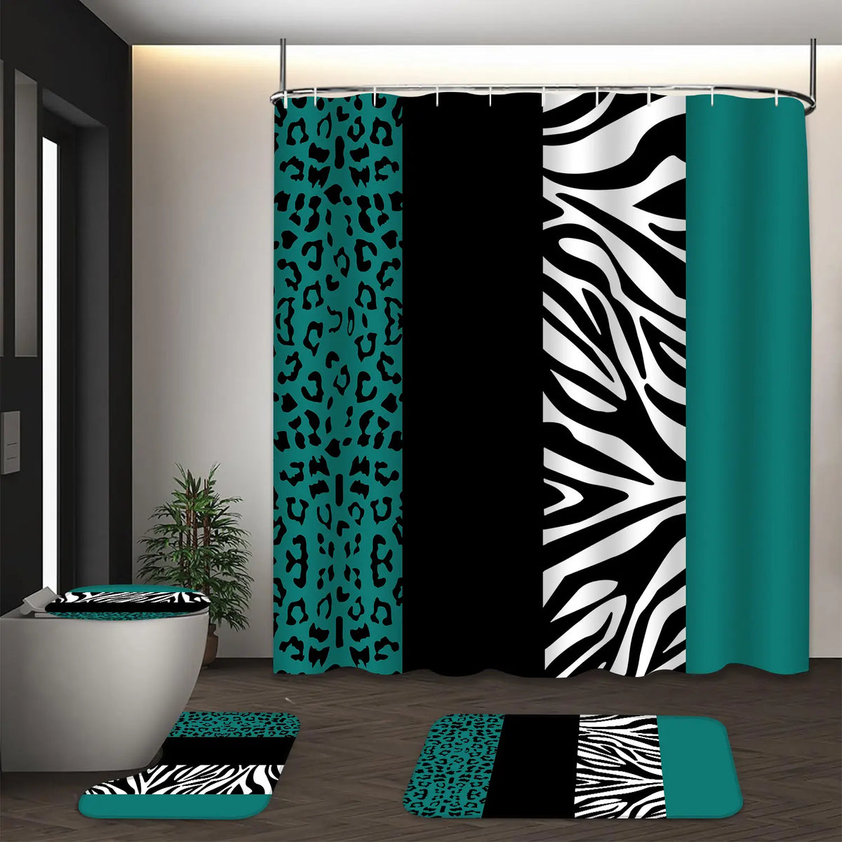 LVRLVR 4Pcs Leopard Zebra Print Bold Animal Print Multi-Color Bathroom Shower Curtain Set 70.8×70.8 Inch