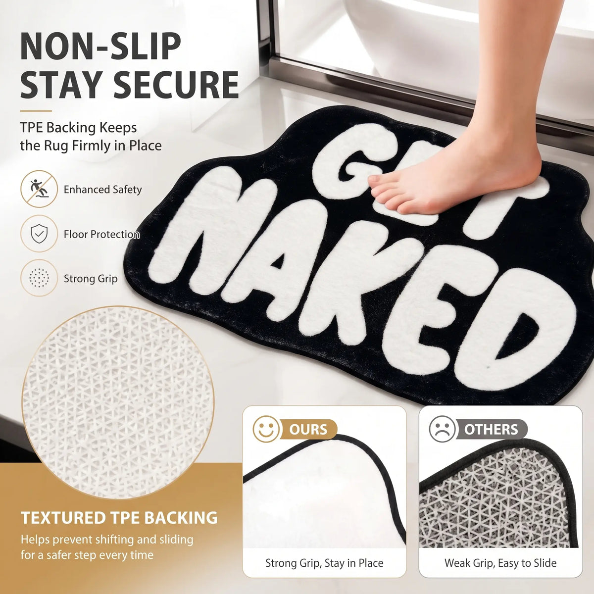 31"x18" Funny Get Naked Plush Fabric Bath Mat - Cozy, Non-Slip, Water-Absorbent, Decorative Indoor Use Bathroom Rug, Ultra-Soft Tub Side Mat, Trendy Black & White Machine-Washable Home Accent