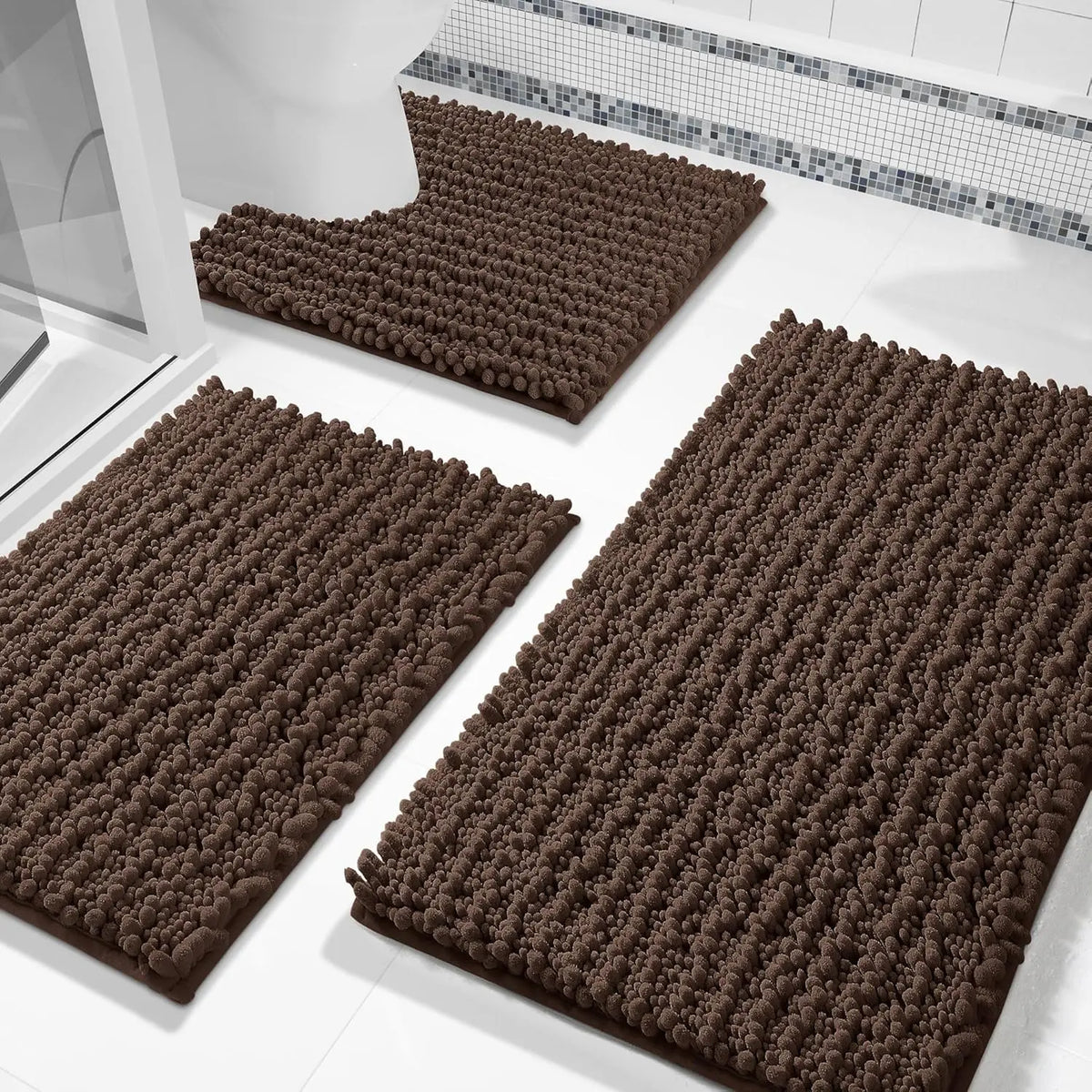 Pet Plush Chenille 3-Piece Rectangle Bathroom Floor Mat Set - 24.4"x20.4", 31.5"x19.8", 44.1"x24" Mats, Fluffy, Super Absorbent, Quick Dry, Non Slip Hot-Melt Adhesive Backing, Easy to Clean, Extra Thick Shaggy, for Toilet, Indoors, Grey (Pet Supplies)