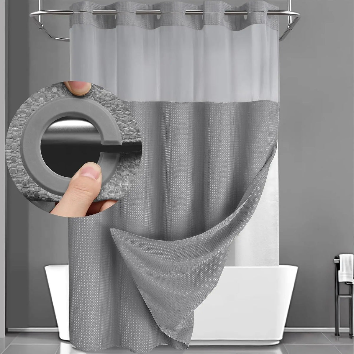 No Hook Washable Waffle Weave Shower Curtain with Snap in Liner -Waterproof Double Layer Shower Curtain With WashableInner Liner,  72 x75 Inch Showercurtain