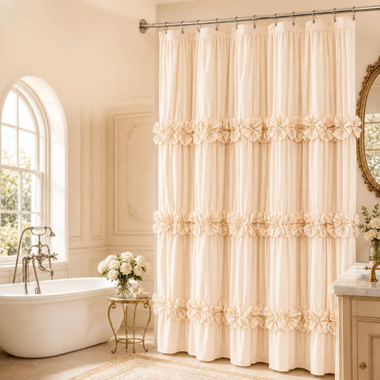 YRZTRK French Cream Charm Ruffled Shower Curtain (72in x 72in) - Vintage Handcrafted Bow Tie, Aesthetic Quick-Dry Waterproof Bathroom Curtain with 12 Hooks, Master Bath House Decor