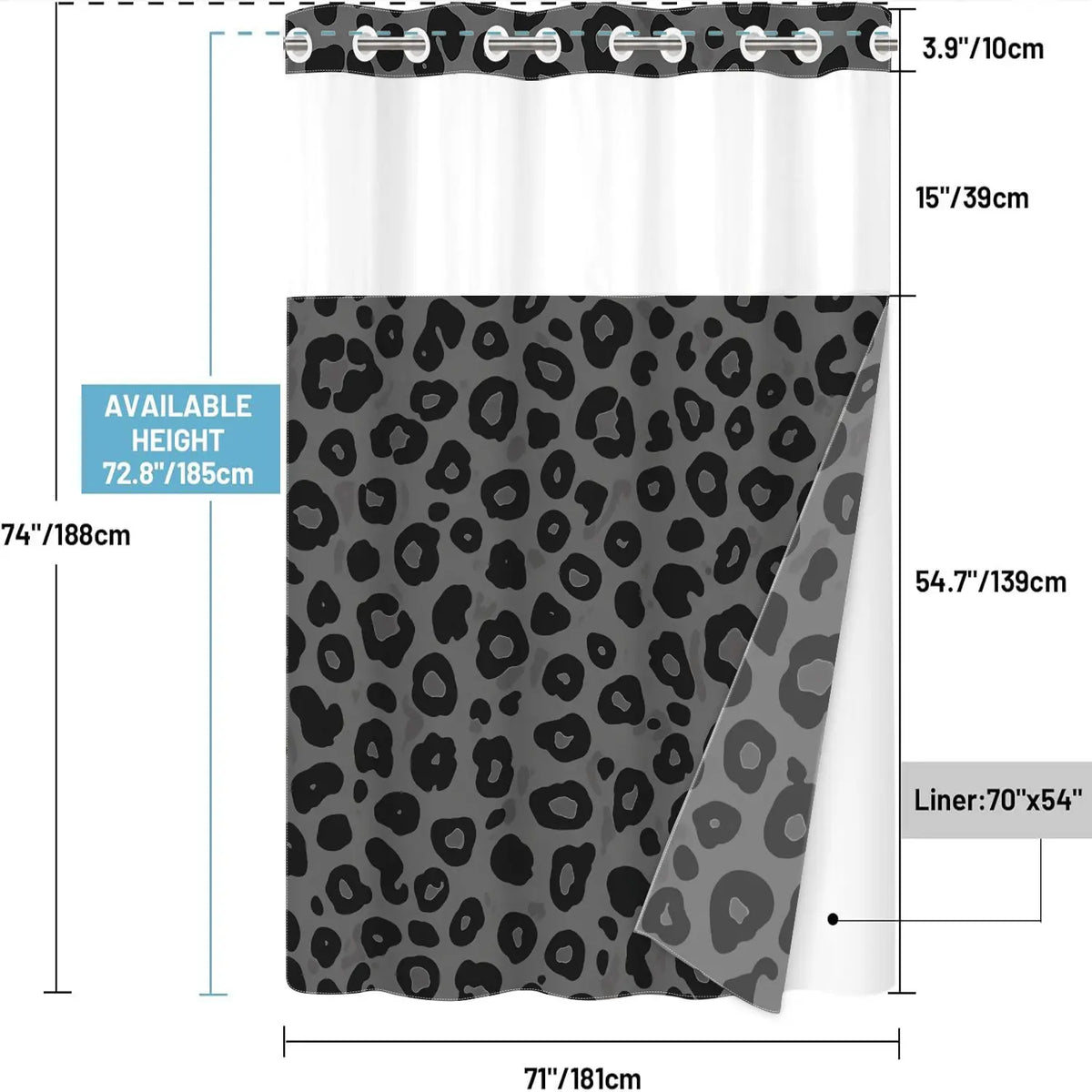 1Pc Hookless Double Layer Shower Curtain, No Hook Shower Curtain With Snap In Liner, Gray Black Leopard Allover Print, Water Repellent Washable Fabric, Removable Snap-in Liner, Top See-Through Window, For Apartment, Hotel, Guest Bath