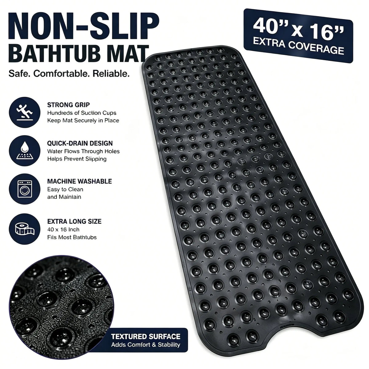 Bathroom Essentials Mat 40x16 Inch,Non Slip Mat With Strong Suction Cups,Large Machine Washable Shower Rug,Drain Holes Keep Tub Clean,Waterproof Mold Resistant Rubber PVC Mat,Blue Black Transparent Light Gray,Bathroom Supplies,Holiday Gift For Family, Bat