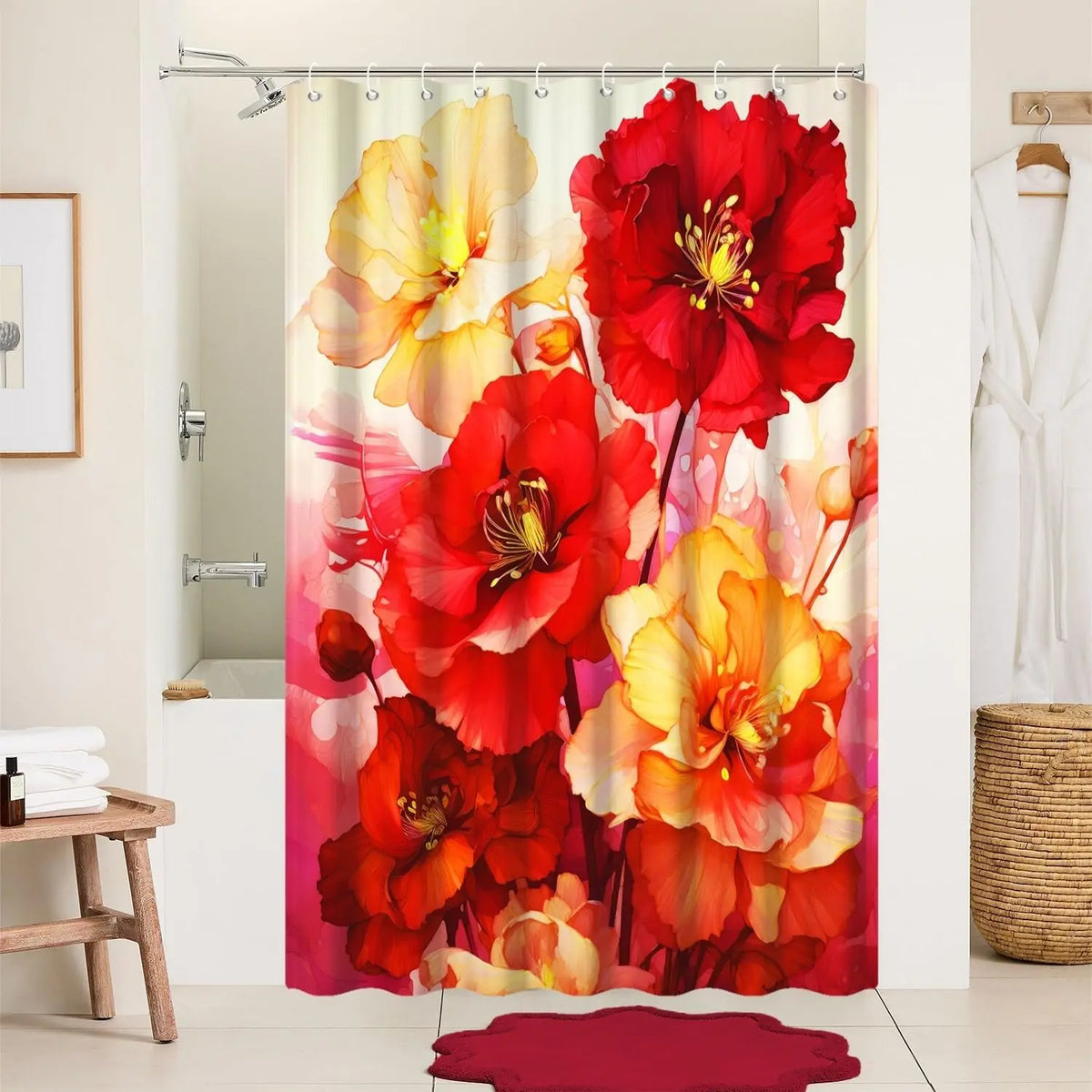 Pink Shower Curtain for Bathroom Rose Pink Floral Shower Curtain Set with Hooks Abstract Purple Pink Flowers Bathtub Decor Waterproof Fabric Curtains 72x72inches