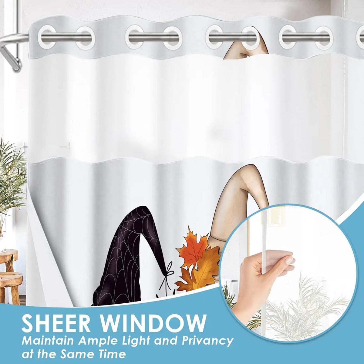 1Pc Hookless Double Layer Printed Shower Curtain, Holiday Gnome Pumpkin Spider Coffee Cup Print, Halloween Fall Christmas Bathroom Decor, Waterproof Washable Fabric, Removable Snap-in Liner, Top See-Through Window, For Apartment, Guest Bath, RV