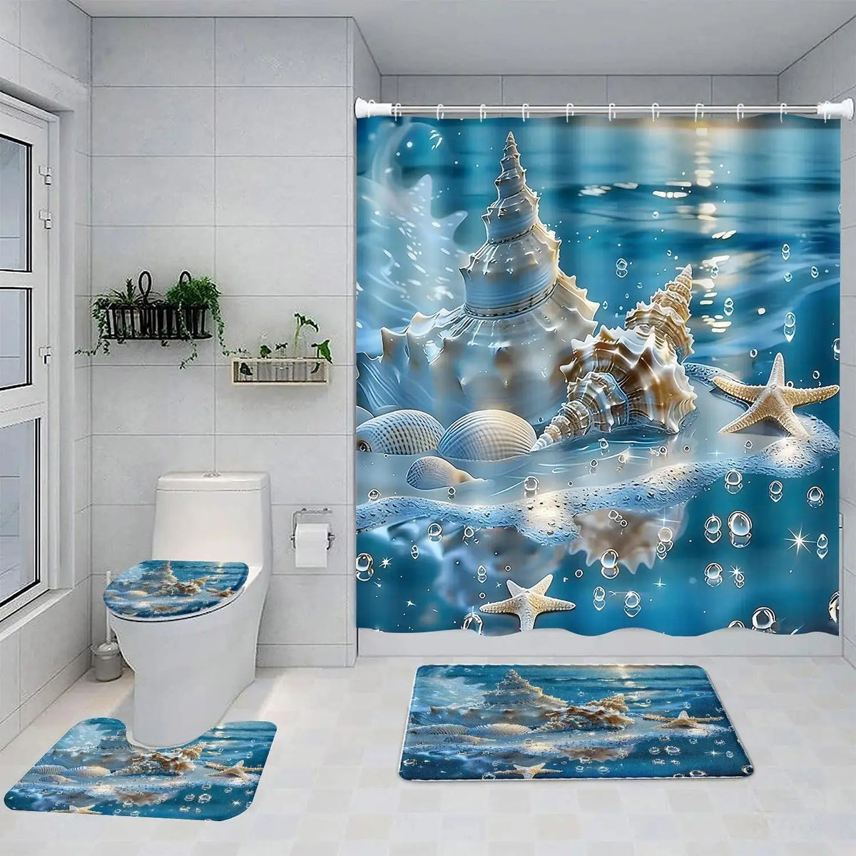 1pc/4-Piece Polyester Shower Curtain Set with Stick Hooks, Bathroom Rug, Mat, Modern Home Decor, Shower Curtain Art - Geometric, Floral, Modern Ocean Theme, Conch, Shell, Starfish Patterns, 12 Hooks, Sohochic