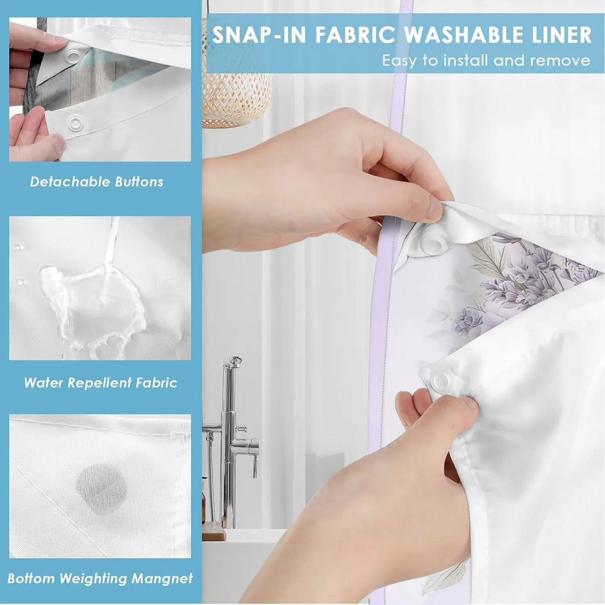 1 PC No Hook Double Layer Pretty Shower Curtain, Floral Shower Curtains For Bathroom, Lavender Rose & Butterfly Print Bath Curtain, Removable Snap-in Liner & Top See-Through Window, Waterproof Mildew Resistant, Machine Washable Durable Fabric