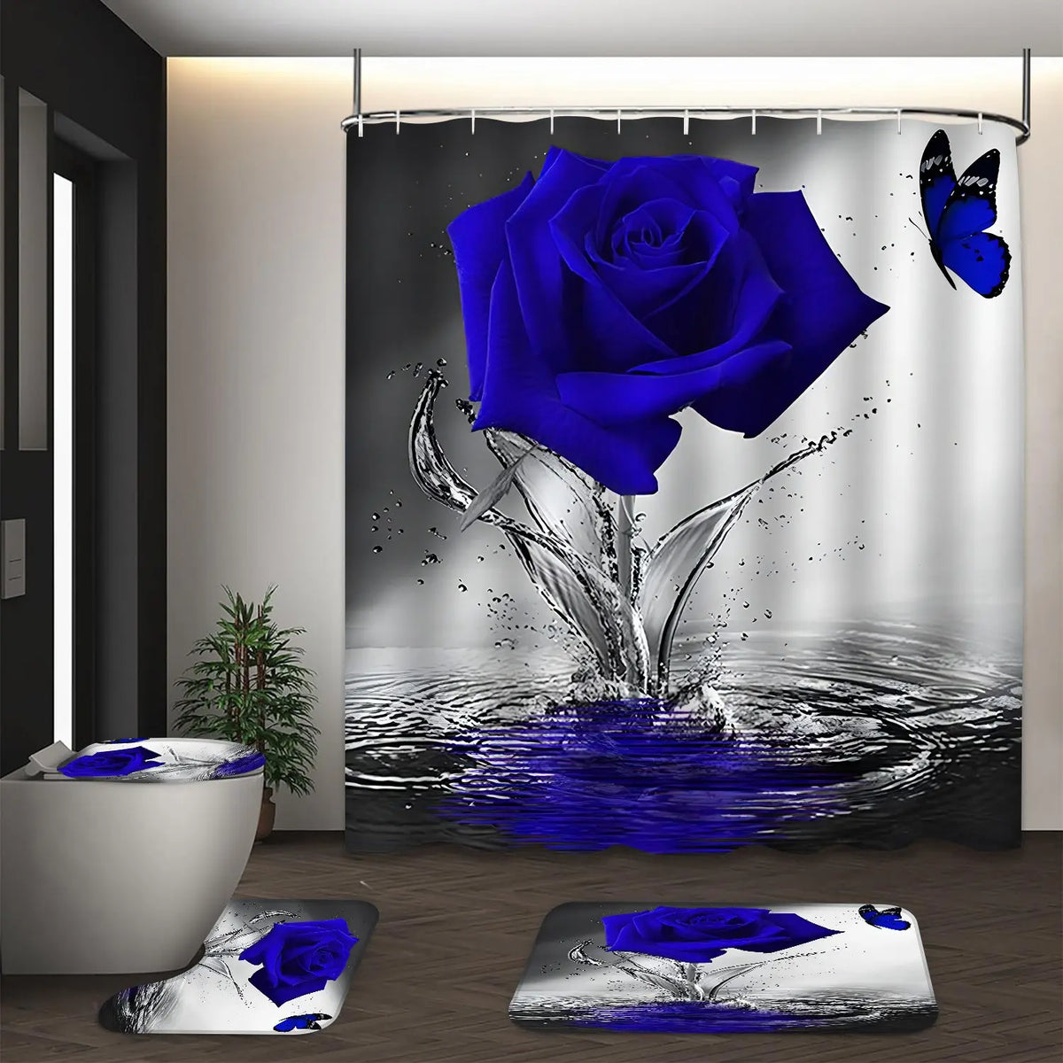 Plaid & Letter Pattern 4pcs Non-slip Bathroom Decoration Set, Including Bath Curtain, Toilet Lid Mat & Bath Mat, Bathroom Supplies, Home Goods, Bathroom Decoration Accessories, Bathroom Decor And Accessories