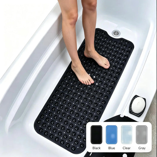 Bathroom Essentials Mat 40x16 Inch,Non Slip Mat With Strong Suction Cups,Large Machine Washable Shower Rug,Drain Holes Keep Tub Clean,Waterproof Mold Resistant Rubber PVC Mat,Blue Black Transparent Light Gray,Bathroom Supplies,Holiday Gift For Family, Bat