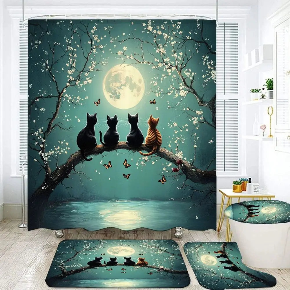 1/4pcs Teal Cat Moon Blossom Bathroom Decorative Shower Curtain Set, Celestial - Includes Toilet Lid Cover, Bath Mats, Full Moon Nightscape, Black/Brown Cats on Branch, Teal Sky Water Reflection, Home Decor
