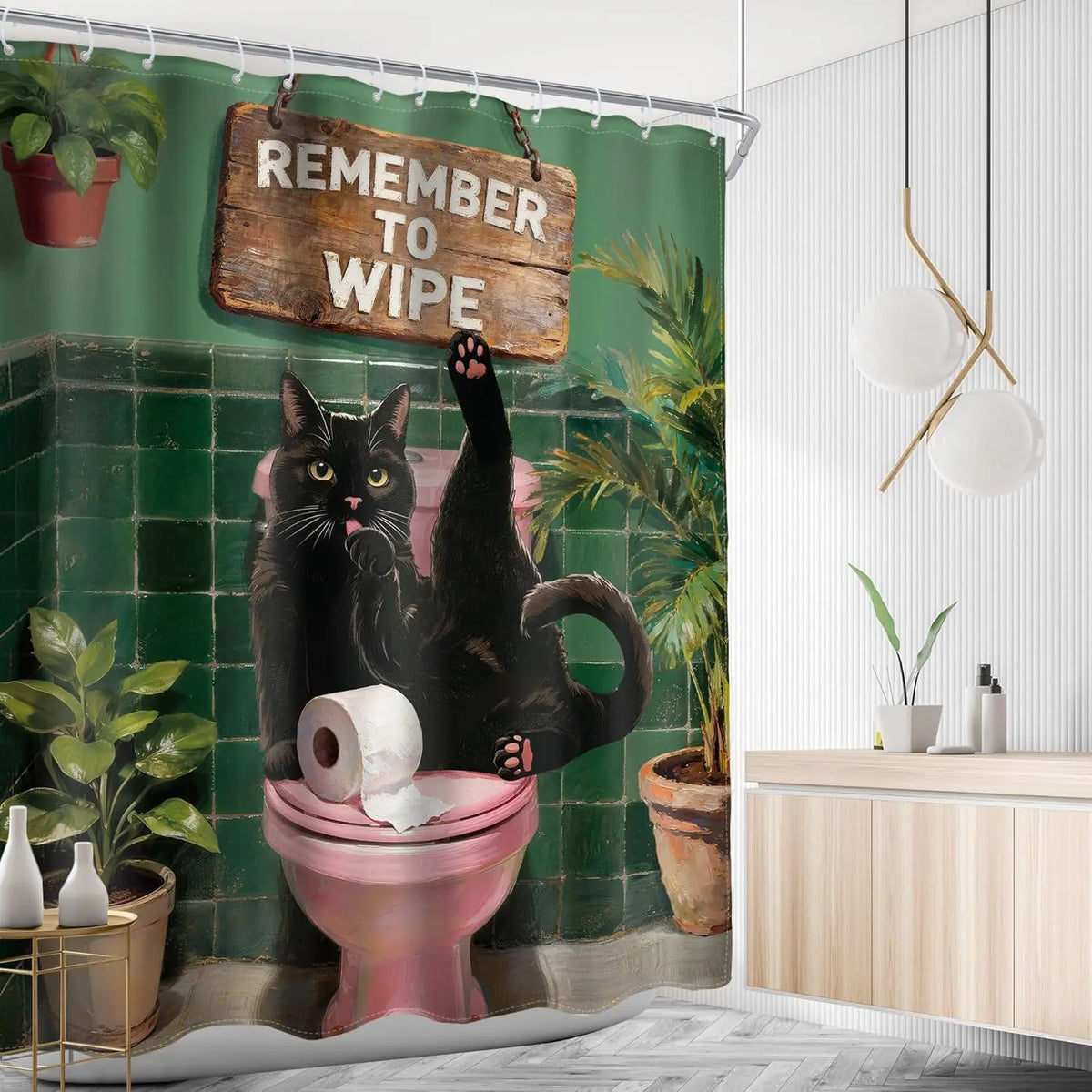 Funny Black Cat Shower Curtain - Cute Humorous Kitten On Toilet, Green Botanical Animal Artwork, Waterproof Polyester Cloth, Halloween/Birthday Bathroom Decor Set with Hooks, Water Resistant Animals Room Divider Curtain