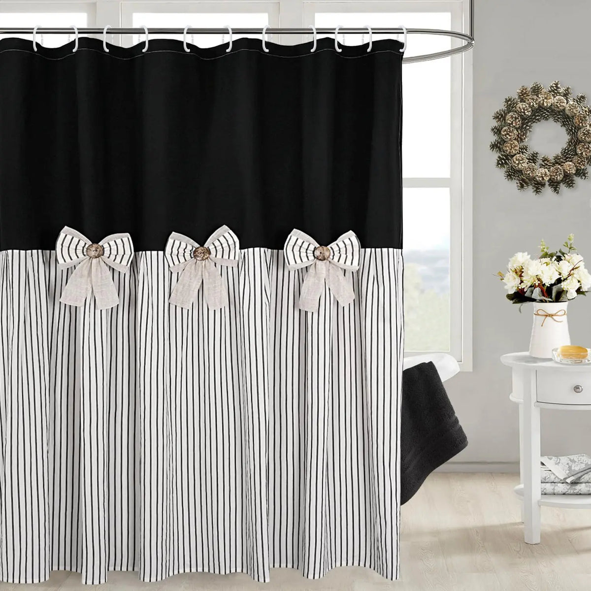 Rustic Farmhouse Shower Curtain - Striped Bottom, Bow Detail, Pattern Design for Cozy Bathroom Decor, Farmhouse Shower Curtains,sohochic