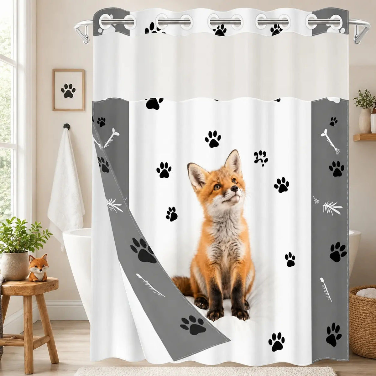 1pc hookless shower curtain with liner, black, white cat paw decorative design 2D printing, fabric waterproof liner, see-through window, double-layer, 71 x 74 inches, modern home decoration, Shower Curtain No Hooks With Liner