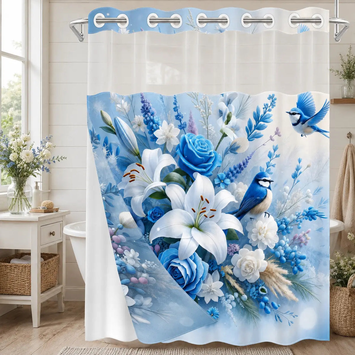 Blue Lily Rose Bird No Hook Shower Curtain Floral with Snap-In Liner, Double Layer Waterproof, Sheer Mesh Top, Removable White Liner, Machine Washable, Farmhouse Garden Decor, Hotel, Dorm & Home Bathroom Accessory, 72 x 74 Inches