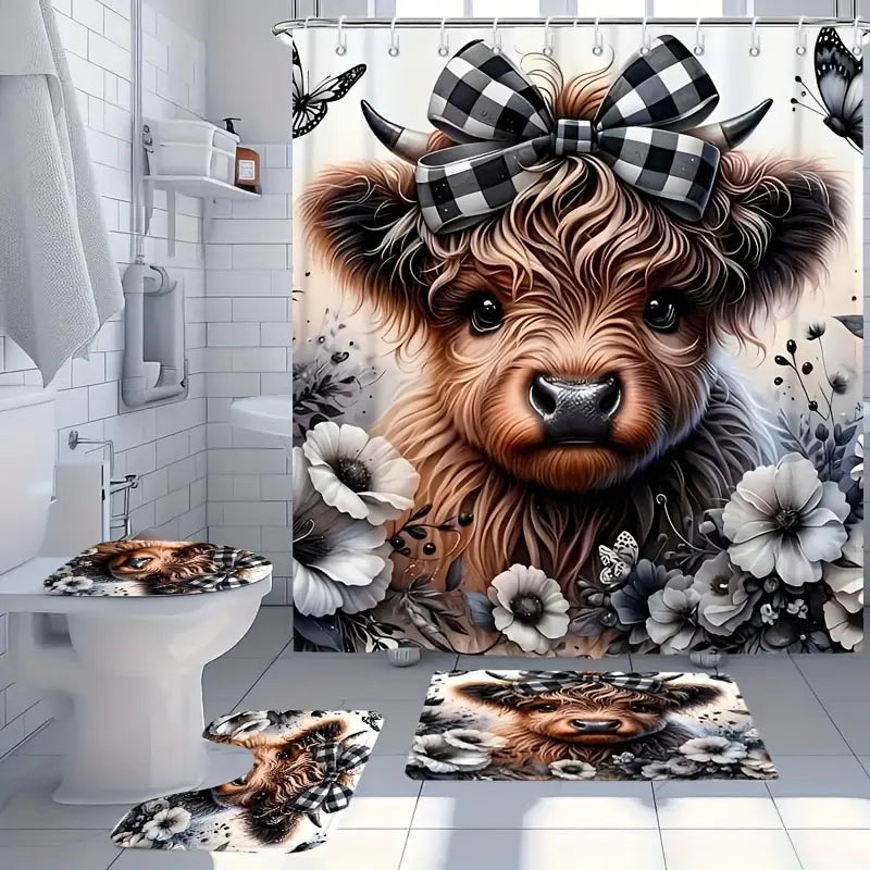 4pcs Exquisite Small Cow Bathroom Set Package - Polyester Non-Slip U-Shaped Toilet Seat Cover, High-Quality Shower Curtain with 12 Durable Hooks, Garden Glam Home Bathroom Decor for All Styles