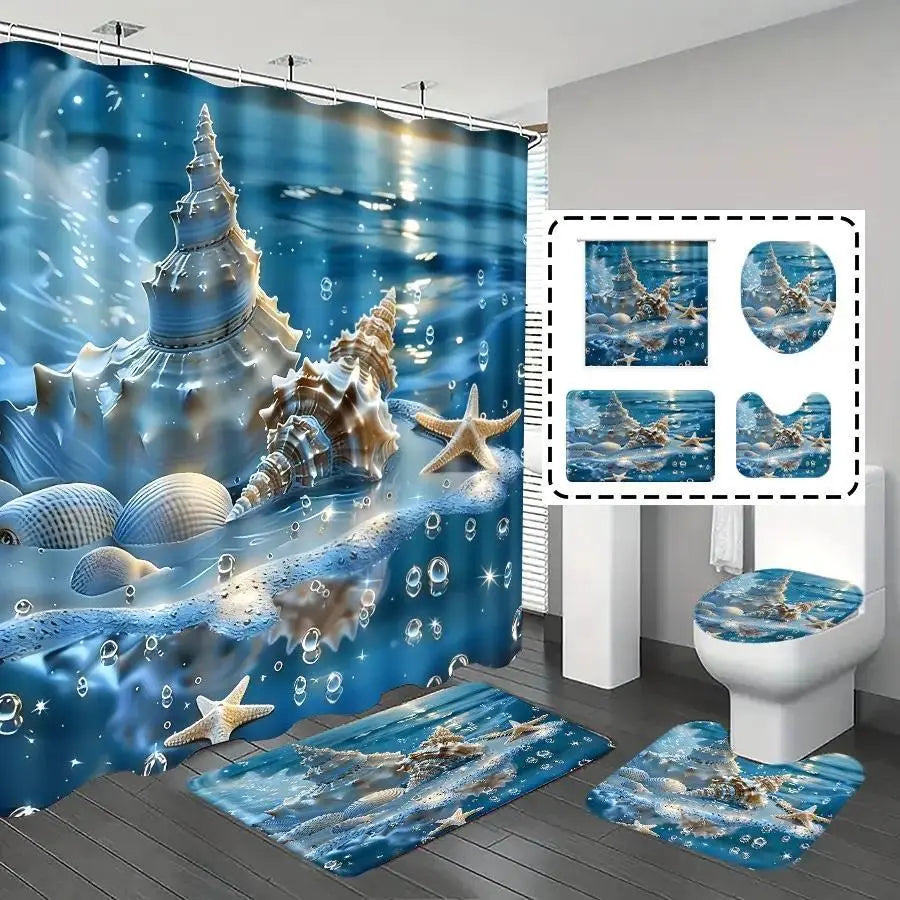1pc/4-Piece Polyester Shower Curtain Set with Stick Hooks, Bathroom Rug, Mat, Modern Home Decor, Shower Curtain Art - Geometric, Floral, Modern Ocean Theme, Conch, Shell, Starfish Patterns, 12 Hooks, Sohochic