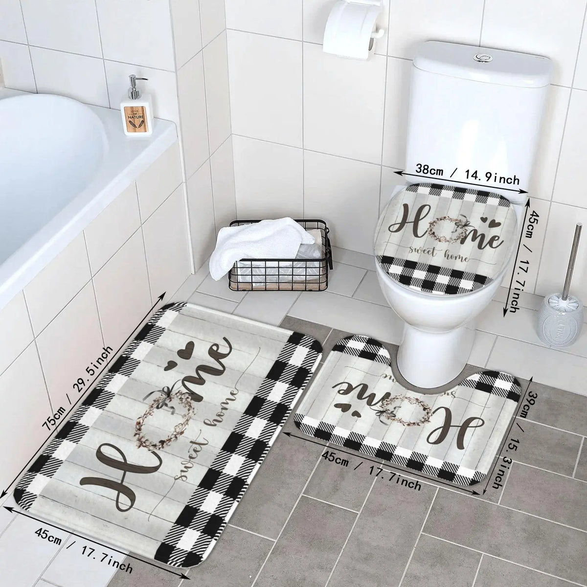 Plaid & Letter Pattern 4pcs Non-slip Bathroom Decoration Set, Including Bath Curtain, Toilet Lid Mat & Bath Mat, Bathroom Supplies, Home Goods, Bathroom Decoration Accessories, Bathroom Decor And Accessories