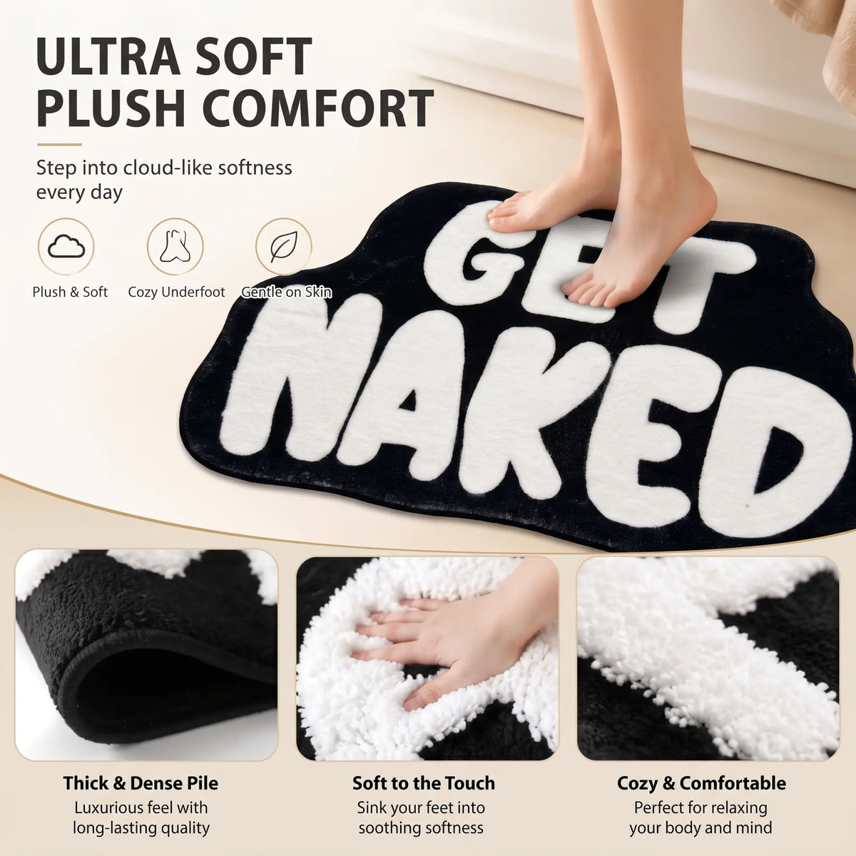 31"x18" Funny Get Naked Plush Fabric Bath Mat - Cozy, Non-Slip, Water-Absorbent, Decorative Indoor Use Bathroom Rug, Ultra-Soft Tub Side Mat, Trendy Black & White Machine-Washable Home Accent