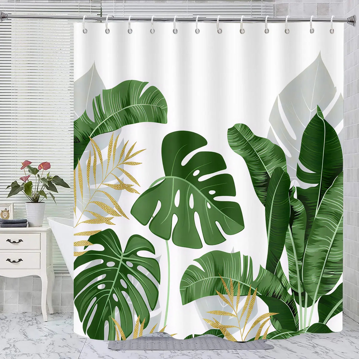 [Popular Choice] 1pc/4pcs, bathroom curtains shower, bathroom set, shower curtain set, shower curtains, Boho Shower Curtains For Bathroom, bathroom rug, bathroom mat, Monstera pattern, tropical plant themed decoration, with 12 hooks.