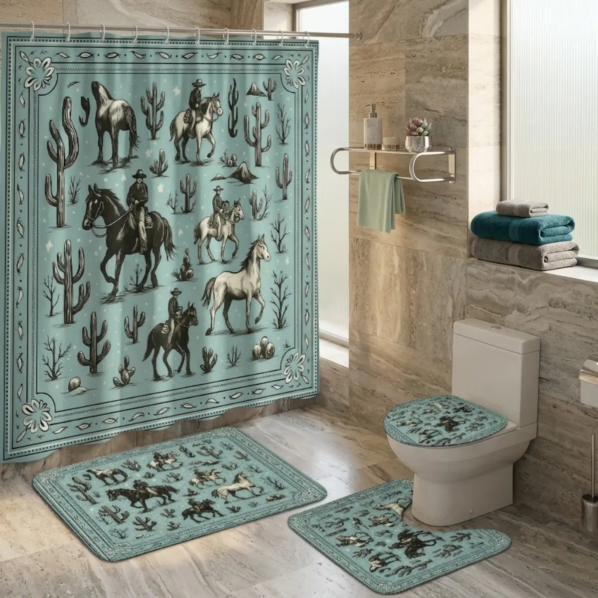 4pcs Western Cowboy Horse Cactus Shower Curtain Set, Decorative Shower Curtain, Boho Rodeo Bathroom Decor, Rustic Farmhouse Festival Style, Sage Green Southwestern Wild West Print