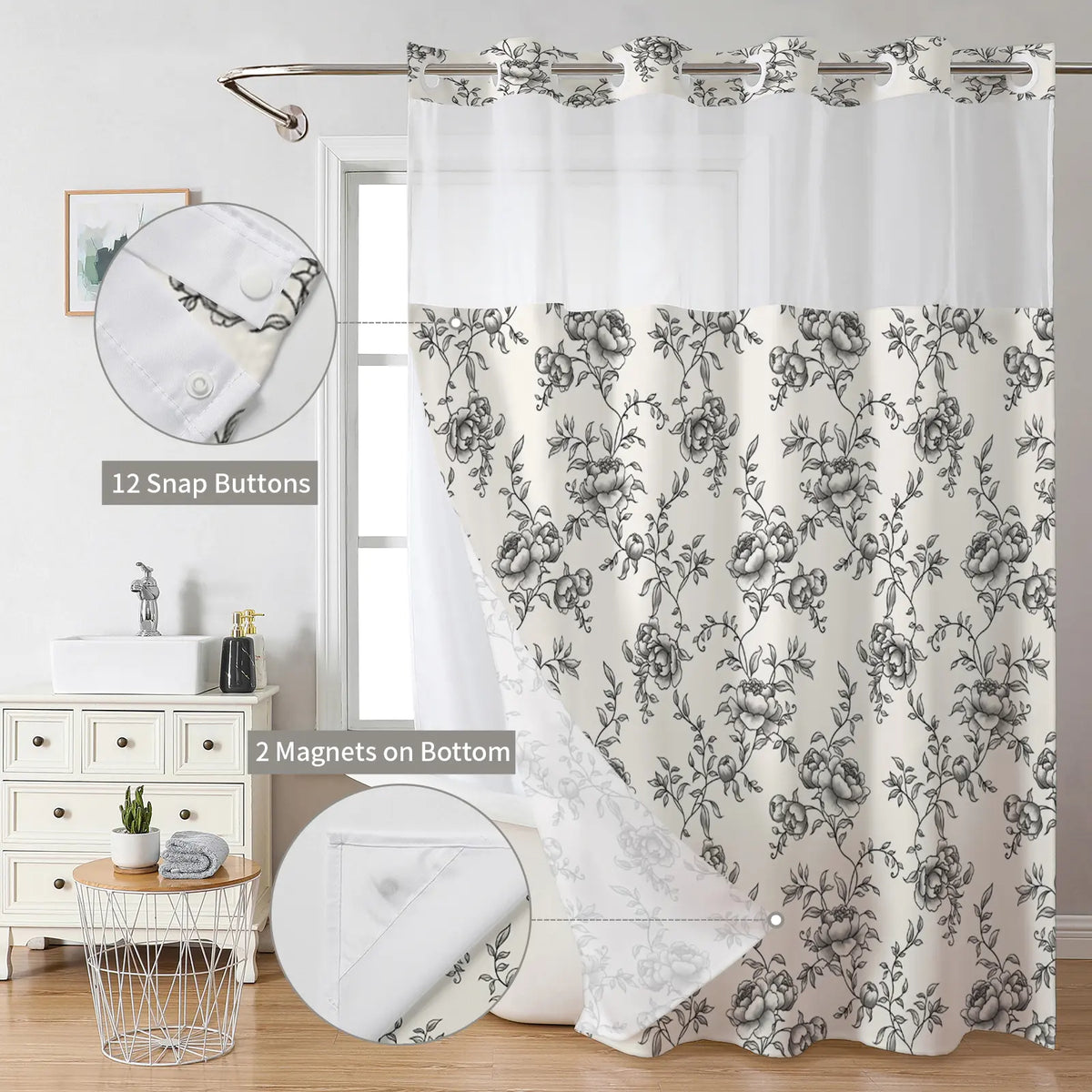 Peony Print Linen Shower Curtain, Sheer Splice Linen Fabric, Waterproof Double Layer Mildew Resistant No Drill Bath Curtain for Home & Homestay 72''*75''inch