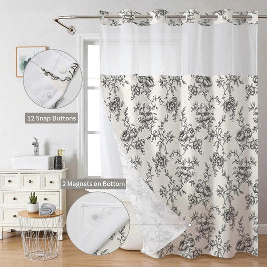 Peony Print Linen Shower Curtain, Sheer Splice Linen Fabric, Waterproof Double Layer Mildew Resistant No Drill Bath Curtain for Home & Homestay 72''*75''inch