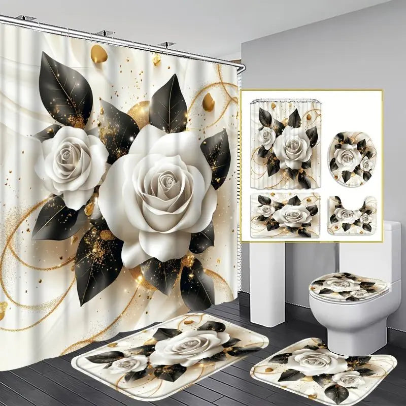 Gold Rose Animal Shower Curtain Set (1/4PCS) - 70.87x70.87in Polyester Hanging Garden Glam Bathroom Decor, Anti-Slip Waterproof White Gold Flowers Animals Set with Mat, U-Mat, Toilet Cover, 12 Hooks, Adjustable Foldable Art, Home Accessories, Sohochic