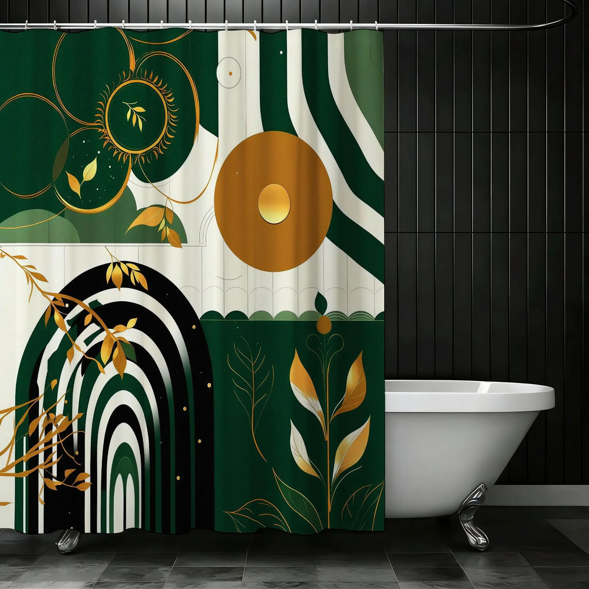 Artistic Abstract Nature-Inspired Decorative Shower Curtain with Golden Sun Motif, Stylized Botanical Illustrations & Geometric Patterns in Deep Forest Green and Cream – Perfect for Modern Bathrooms this Holiday Season