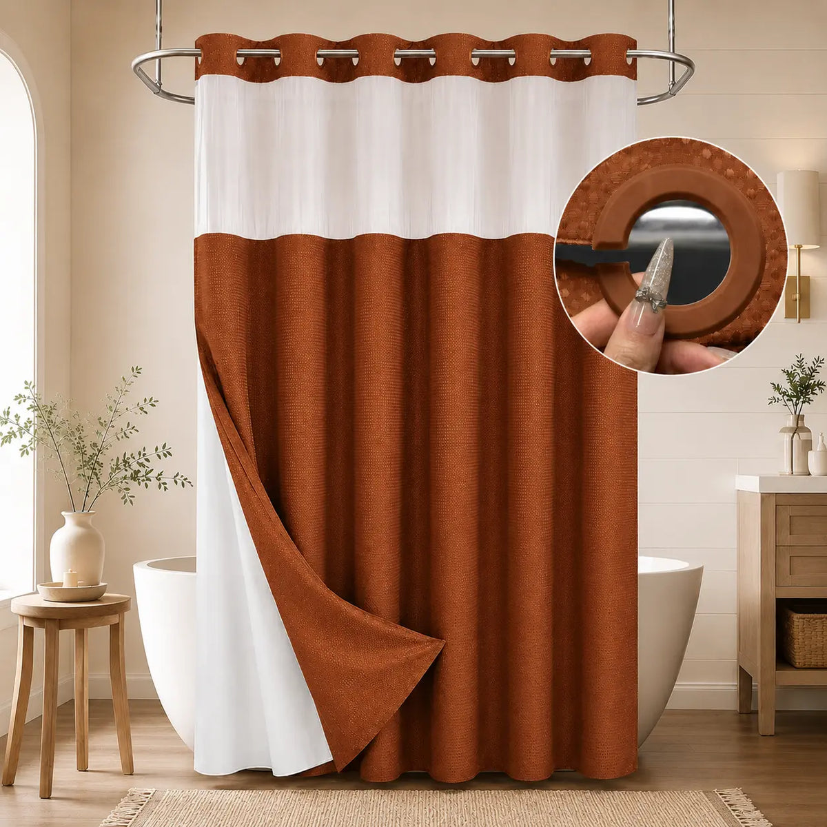 Brown No Hook Shower Curtain with Snap in Liner grey Waffle Pattern Shower Curtain Double Layer Shower Curtain -Fabric Waterproof Inner Liner,Bathroom Accessory for Home, Hotel, Salon & Dormitory Decor