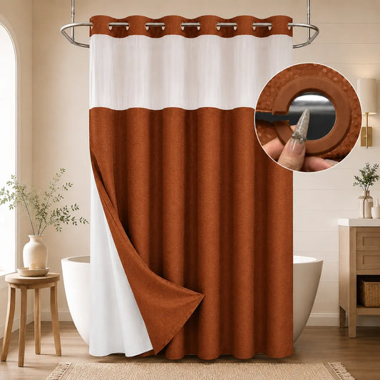 Brown No Hook Shower Curtain with Snap in Liner grey Waffle Pattern Shower Curtain Double Layer Shower Curtain -Fabric Waterproof Inner Liner,Bathroom Accessory for Home, Hotel, Salon & Dormitory Decor