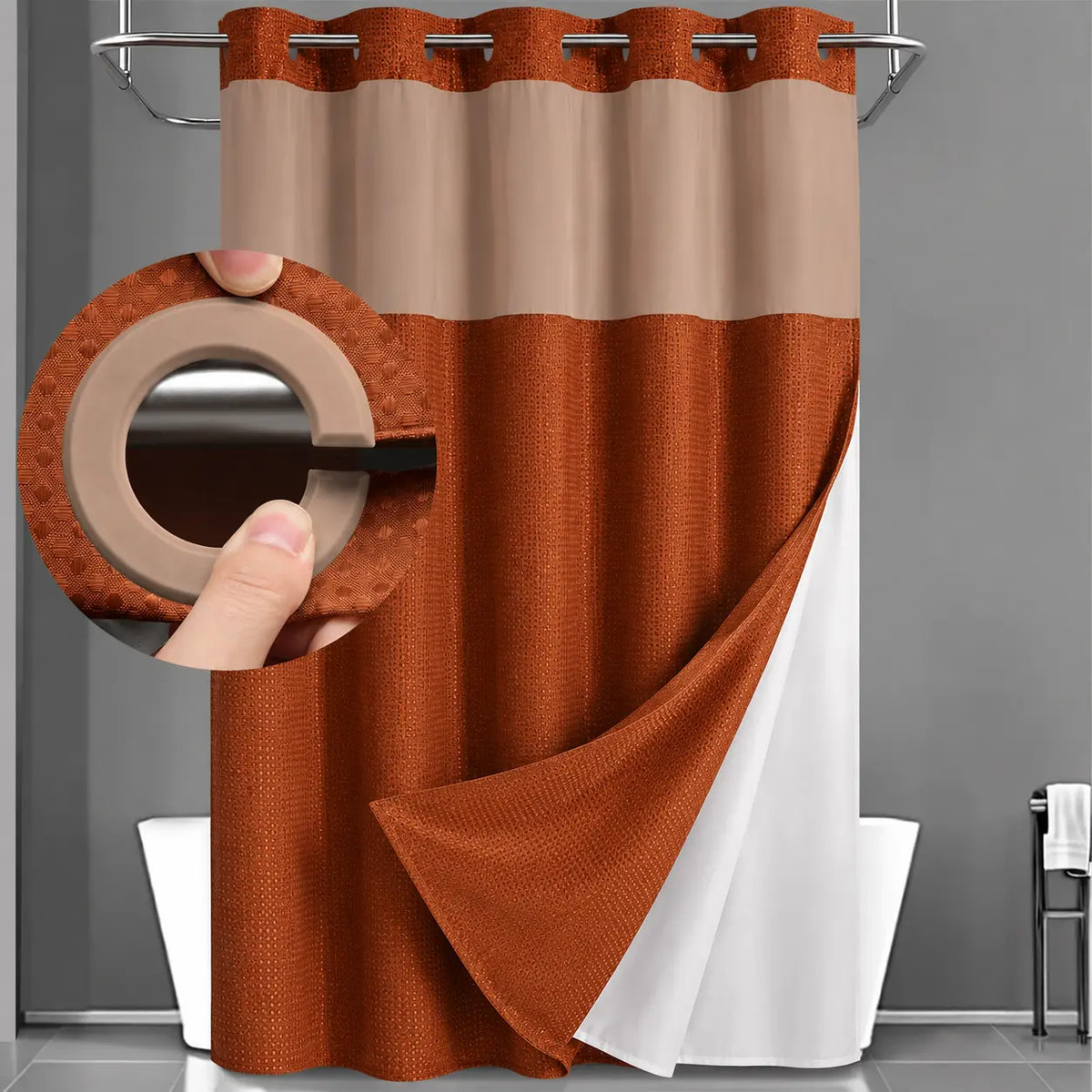 Brown No Hook Shower Curtain with Snap in Liner grey Waffle Pattern Shower Curtain Double Layer Shower Curtain -Fabric Waterproof Inner Liner,Bathroom Accessory for Home, Hotel, Salon & Dormitory Decor