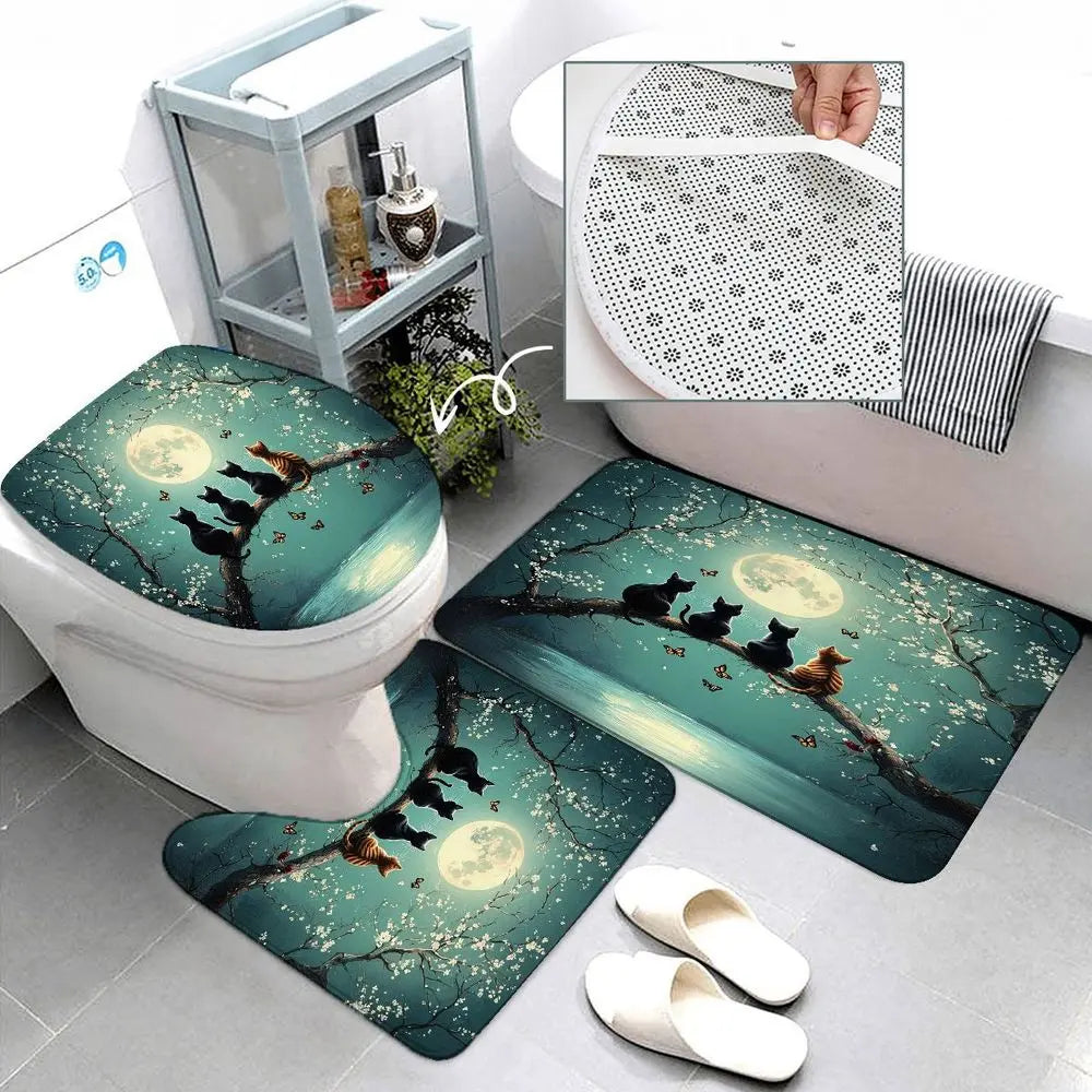 1/4pcs Teal Cat Moon Blossom Bathroom Decorative Shower Curtain Set, Celestial - Includes Toilet Lid Cover, Bath Mats, Full Moon Nightscape, Black/Brown Cats on Branch, Teal Sky Water Reflection, Home Decor