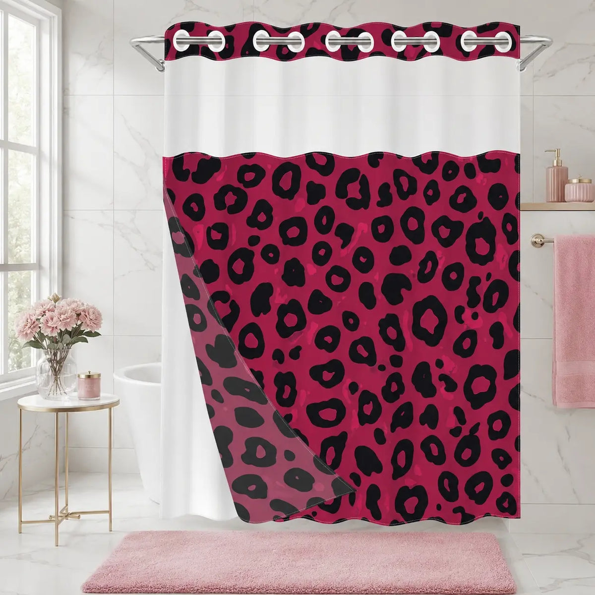 1Pc Hookless Double Layer Shower Curtain, No Hook Shower Curtain With Snap In Liner, Gray Black Leopard Allover Print, Water Repellent Washable Fabric, Removable Snap-in Liner, Top See-Through Window, For Apartment, Hotel, Guest Bath