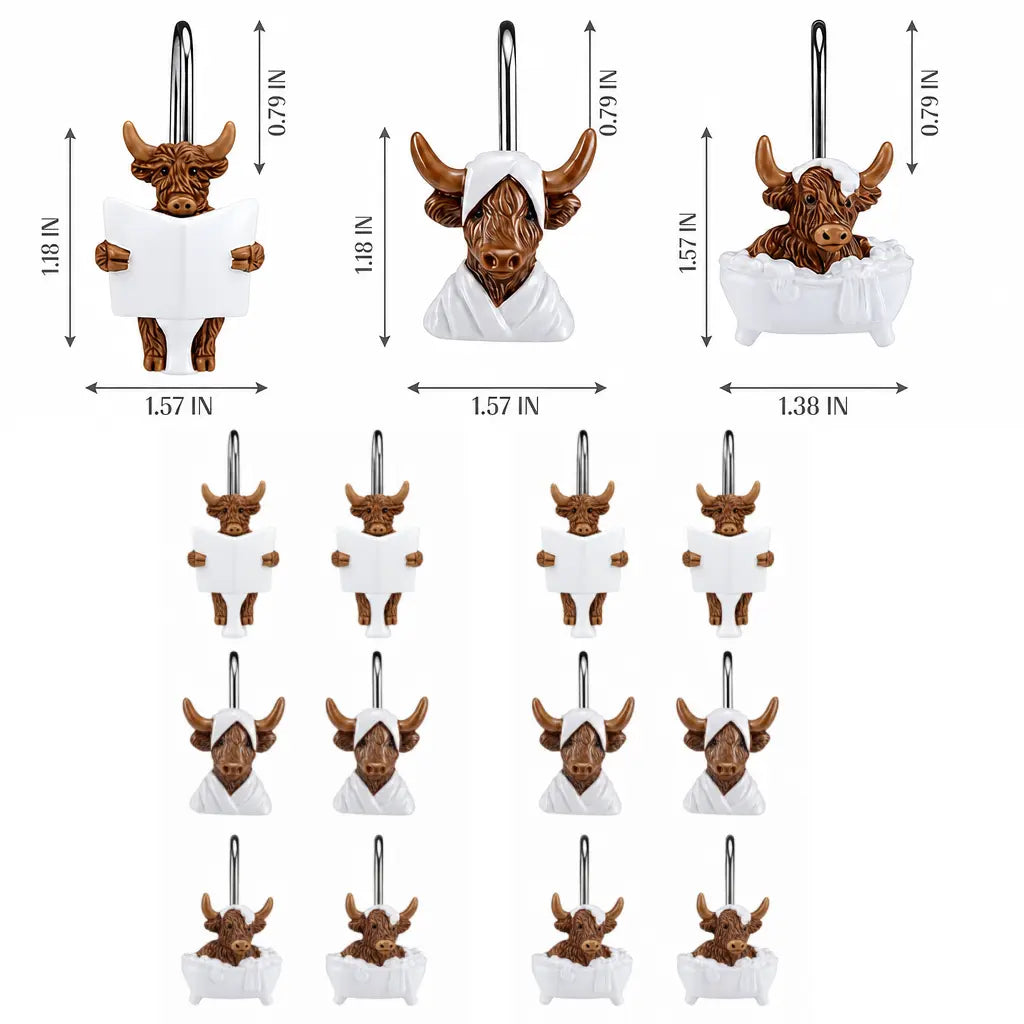 12Pcs Highland Cow Shower Curtain Hooks, Rustproof Stainless Steel Smooth Glide, Farmhouse Western Bathroom Decor for Rustic Home Guest Bath, Cute Cow Lover Gift Fall Halloween