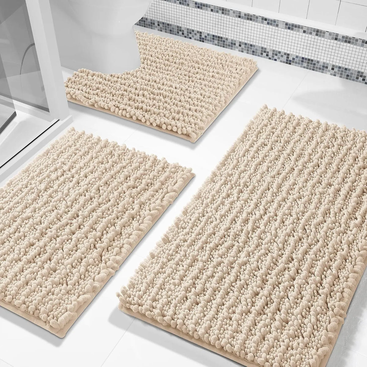 Pet Plush Chenille 3-Piece Rectangle Bathroom Floor Mat Set - 24.4"x20.4", 31.5"x19.8", 44.1"x24" Mats, Fluffy, Super Absorbent, Quick Dry, Non Slip Hot-Melt Adhesive Backing, Easy to Clean, Extra Thick Shaggy, for Toilet, Indoors, Grey (Pet Supplies)