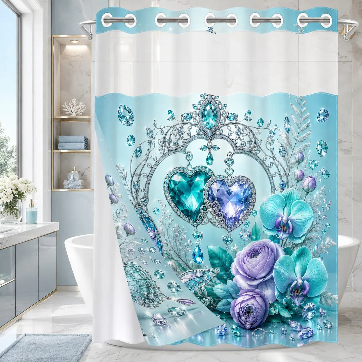 No Hooks Black Gold Heart Floral Shower Curtain with Snap-In Liner, Double-Layer Waterproof Fabric, Sheer Mesh Top, Removable White Liner, Floral Shower Curtains For Bathroom, Baroque Bathroom Decor, Bathroom Accessories, 72x75in
