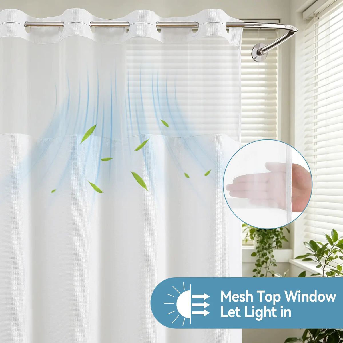 Hookless White Polyester-cotton Shower Curtain, Double-layered Bathroom Curtain, Removable Inner Lining,Transparent Mesh Top Window, Modern Bathroom Decor,sohochic