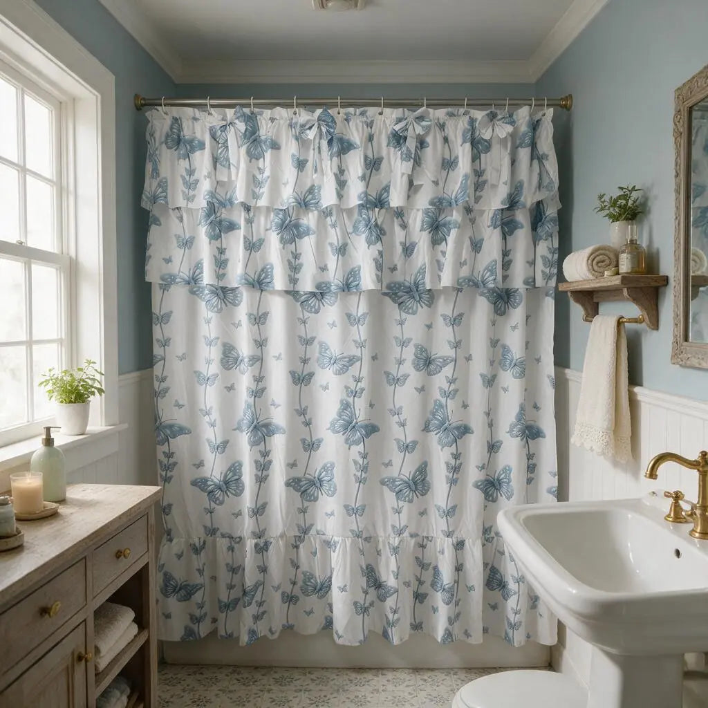 Yrztrk Retro Flower Polyester Shower Curtain with Ruffle, Handcrafted Big Bow Tie, 12 Hooks - Waterproof, Quick-Drying, Machine-Washable Decorative House Decor for Master Bathroom,sohochic