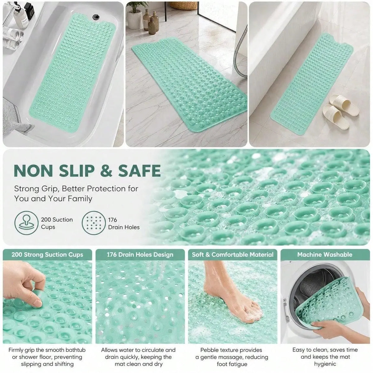 Shower Floor Mat 40x16 Inch,Non Slip Bath Mat With Firm Suction Cups,Extra Large Machine Washable Bathtub Rug,Drain Holes Keep Tub Clean,Waterproof Mold Resistant Rubber PVC Mat,Blue Black Transparent Light Gray,Home Essentials For All Ages Family