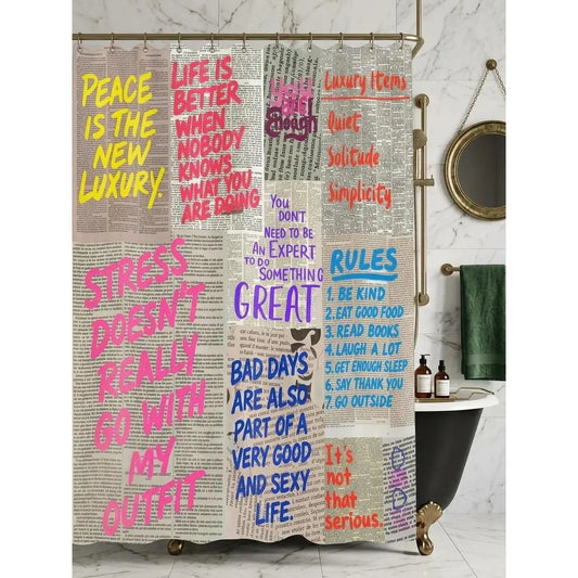 Retro Vintage Newspaper Print Bathroom Shower Curtain Sets, Colorful Motivational Quotes & Fun Graffiti Aesthetic Decoration, Waterproof Washable Fabric Curtain with Hooks, Easy Installation, 70.8"x70.8",sohochic