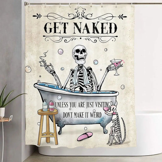 1/4pcs Vintage Whimsical Skeleton Bathroom Set, Shower Curtain with 'GET NAKED' & Cocktail Smoking Pipe Design, Bathroom Shower Curtain Sets, 2 Floor Mats & Toilet Lid Cover, Perfect for Halloween, Funny Home Decor Gift, Bathroom Decoration Accessories