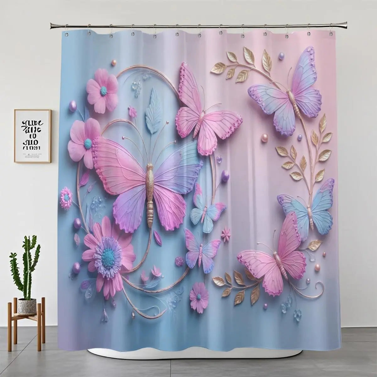 Fairycore Aesthetic 4-Piece Shower Curtain Panel Set Package - Includes Non-Slip Mat, Toilet Cover, 12 Hooks, Shower Curtain Art - Soft Girl Home Vibe Restroom Bath Decor Home Supplies
