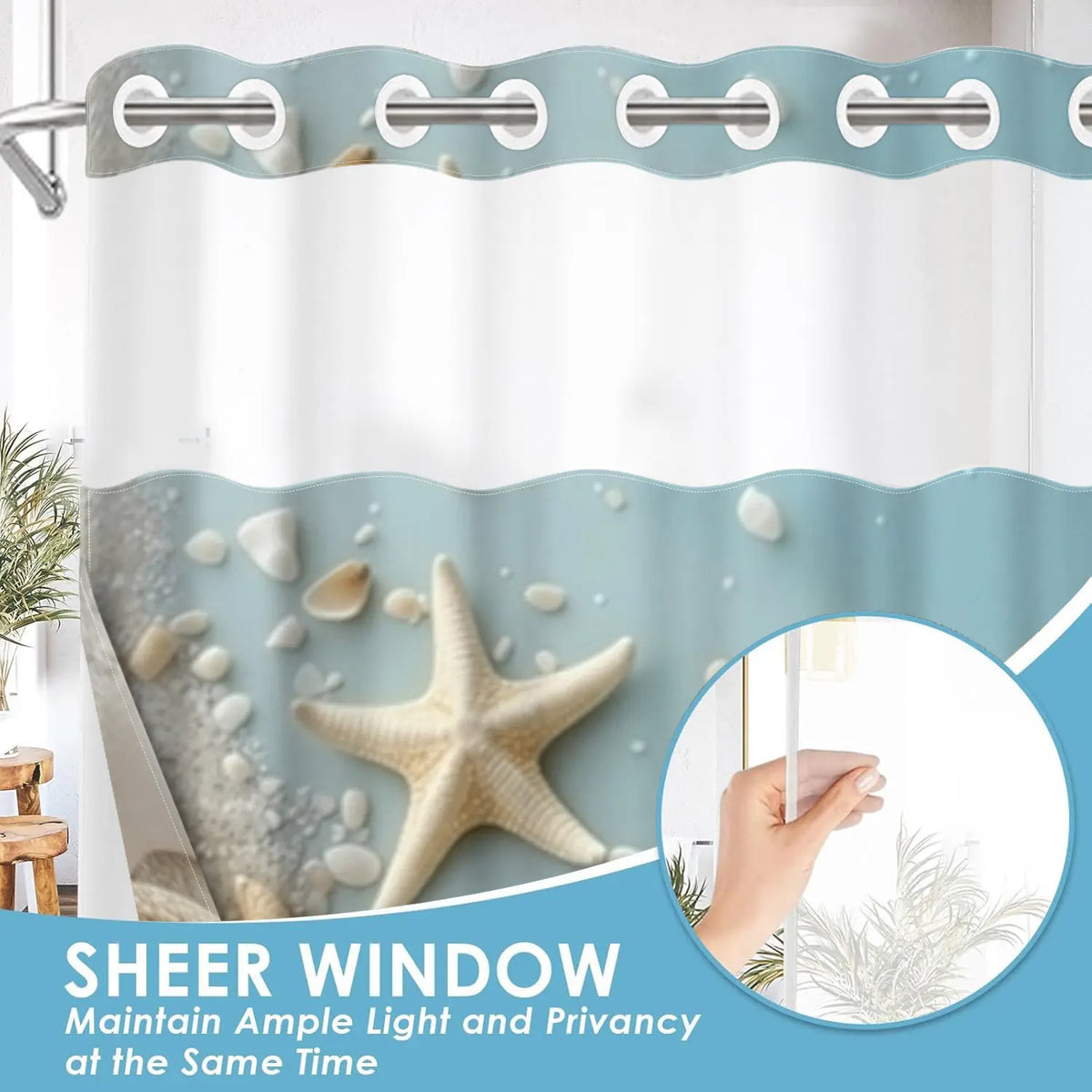 1Pc Hookless Double Layer Shower Curtain, Coastal Seashell Starfish Beach Print, Bathroom Makeover Decor Curtain, Water Repellent Washable Fabric, Removable Snap-in Liner, Top See-Through Window, For Apartment, Hotel, Guest Bath