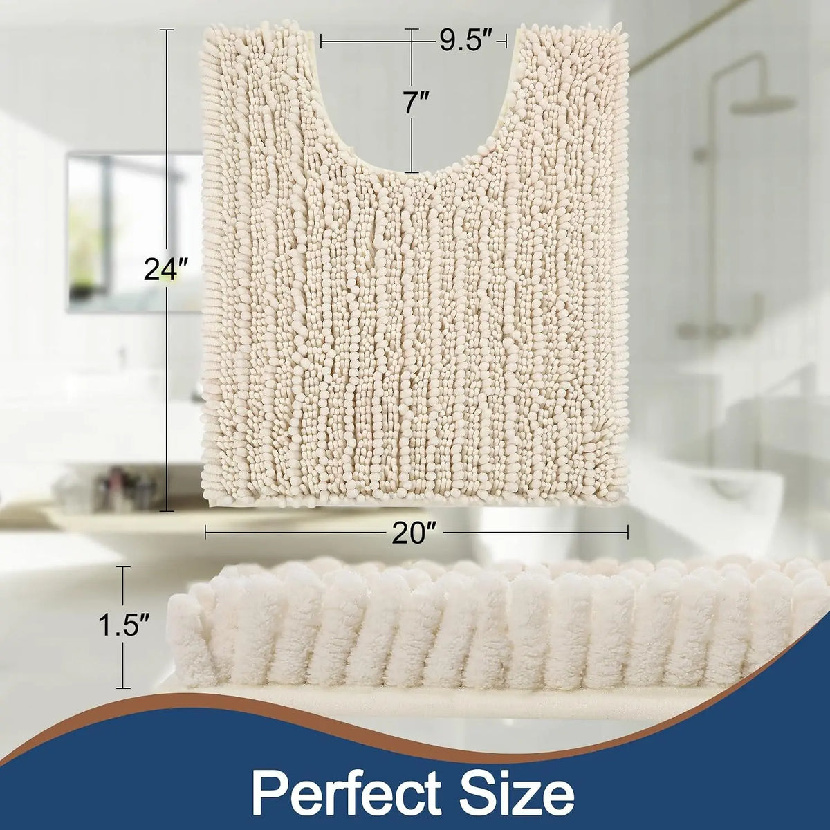 FLOLEOPA Luxury Shaggy Toilet Bath Mat U-Shaped Contour Rugs for Bathroom, Soft Comfortable Toilet Floor Mat, 24 X 20 Inches, Super Absorbent Water, Non-Slip, Machine-Washable, Cream