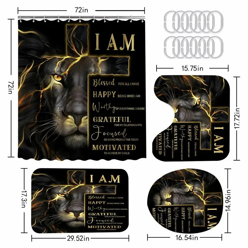 1pc/4pcs cross and lion shower curtain set, non-slip floor mat, U-shaped carpet, toilet lid cover, perfect for bathroom decoration, partition, beautify the space, 12 shower curtain hooks are included
